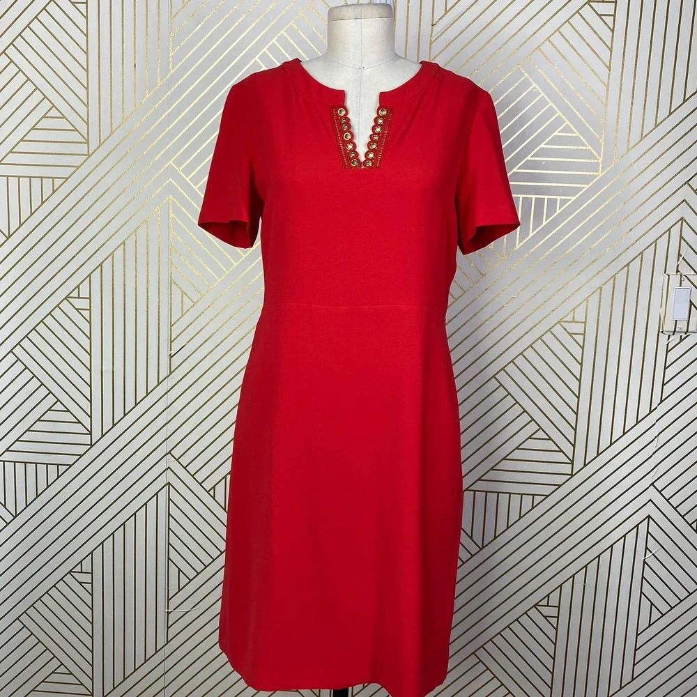 Gerard Darel Red Gold Grommet Neck Short Sleeve Sheath Dress Size US 6